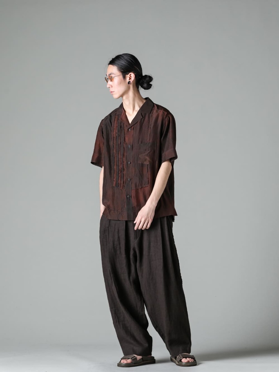 ZIGGY CHEN 23SS Open collar shirt with iconic design - RG1018TI-VINTAGE-SILVER-RG1018TI VITAGE / SILVER - 0M2310724-Hybrid Short Sleeve Shirt - 0M2310501-Selvedge Pleated Wide Leg Trousers - US9561-Army-Green-Mens Sandal Army Green 1-001