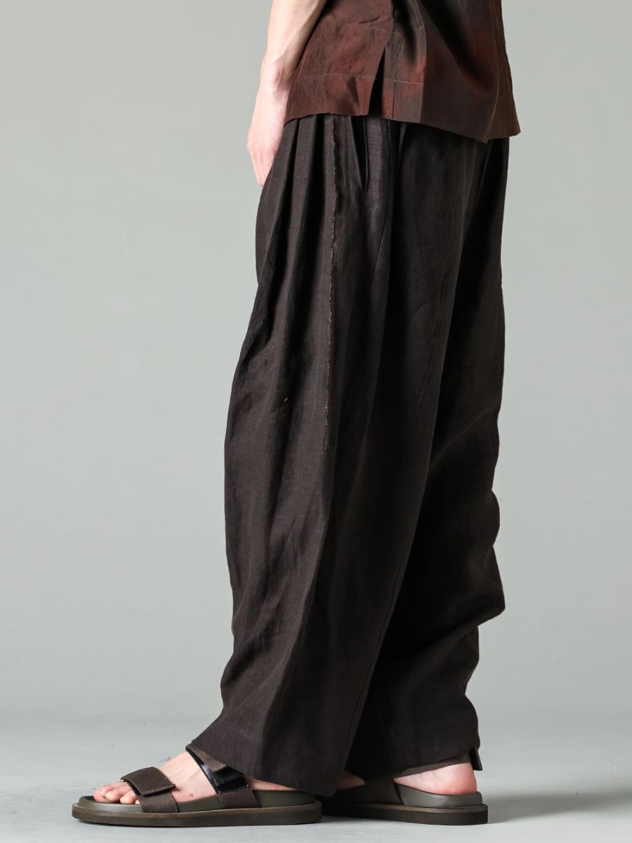 ZIGGY CHEN-ジギーチェン 23SS(春夏) 麻の通気性、ソフトなタッチ、程よい強度を併せ持ったリネンブロークンツイル - 0M2310501-セルビッジプリーツ ワイドレグトラウザーズ - US9561-Army-Green-メンズ サンダル アーミー グリーン 3-002