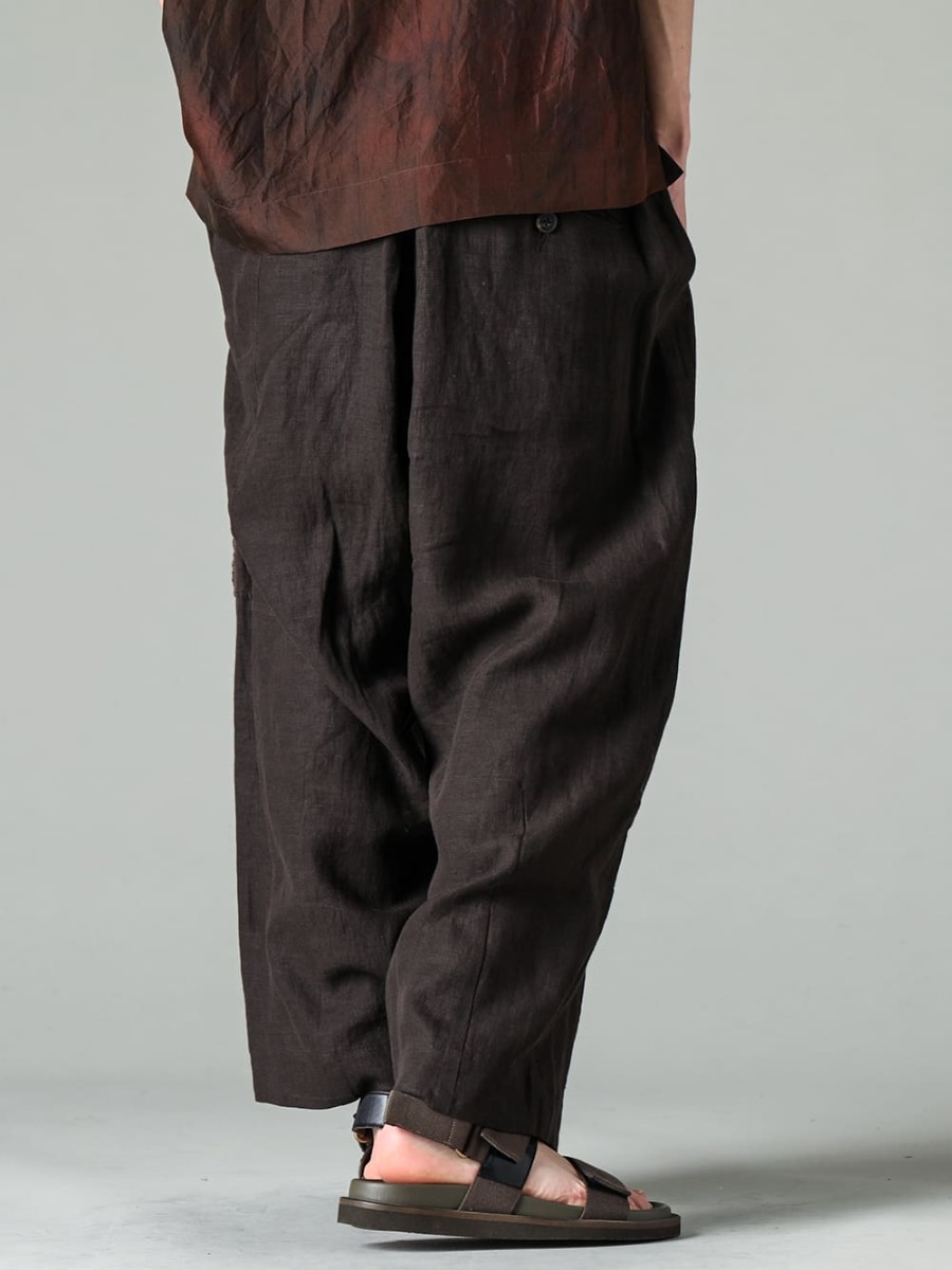 ZIGGY CHEN-ジギーチェン 23SS(春夏) 麻の通気性、ソフトなタッチ、程よい強度を併せ持ったリネンブロークンツイル - 0M2310501-セルビッジプリーツ ワイドレグトラウザーズ - US9561-Army-Green-メンズ サンダル アーミー グリーン 3-003