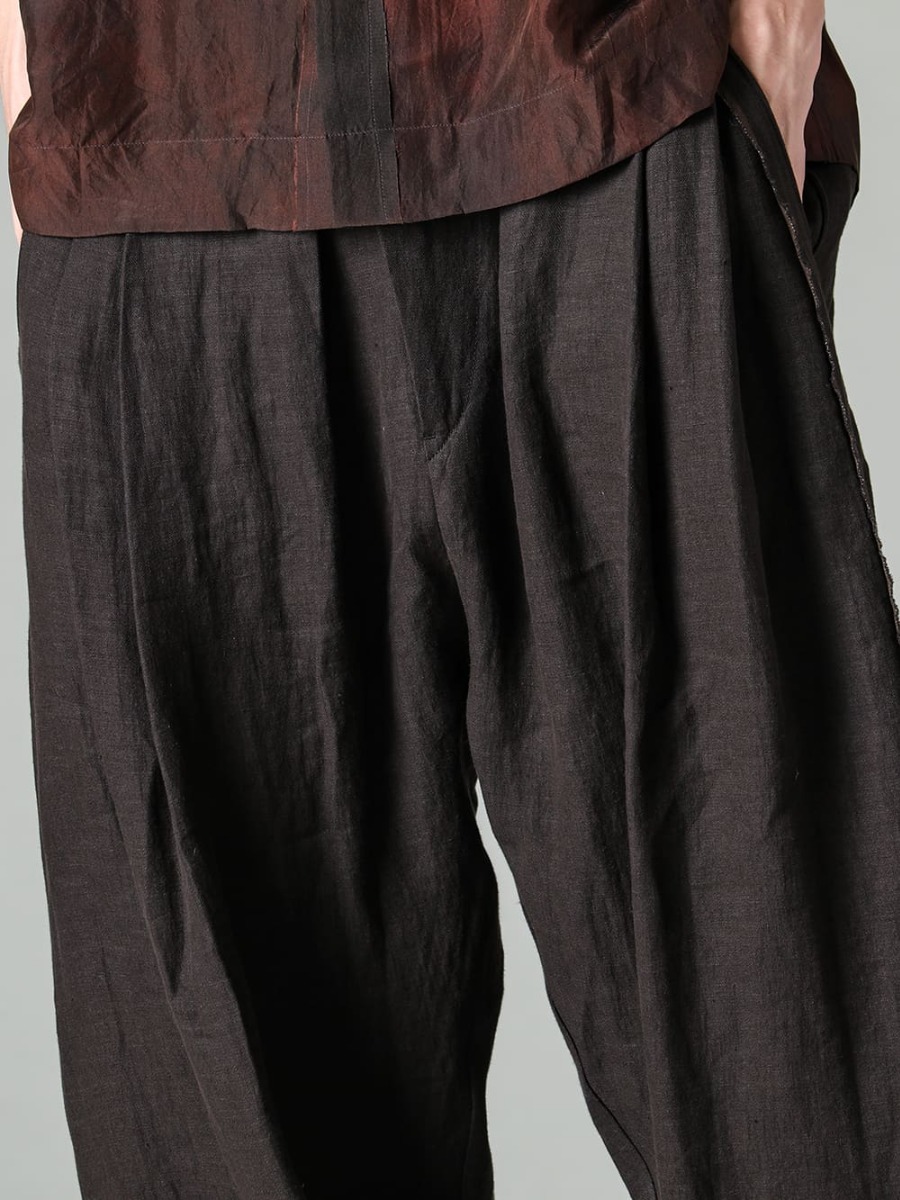 ZIGGY CHEN-ジギーチェン 23SS(春夏) 麻の通気性、ソフトなタッチ、程よい強度を併せ持ったリネンブロークンツイル - 0M2310501-セルビッジプリーツ ワイドレグトラウザーズ - US9561-Army-Green-メンズ サンダル アーミー グリーン 3-004