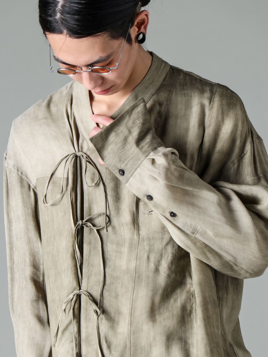 ZIGGY CHEN-ジギーチェン シーズン これまでのZIGGY CHENのシャツにはなかった透け感や軽さ、ドレープ性を表現したストリングシャツ  - 0M2310717-コントラスト パネル ストリングシャツ - RG1018TI-VINTAGE-SILVER-RG1018TI ヴィンテージ / シルバー 2-002