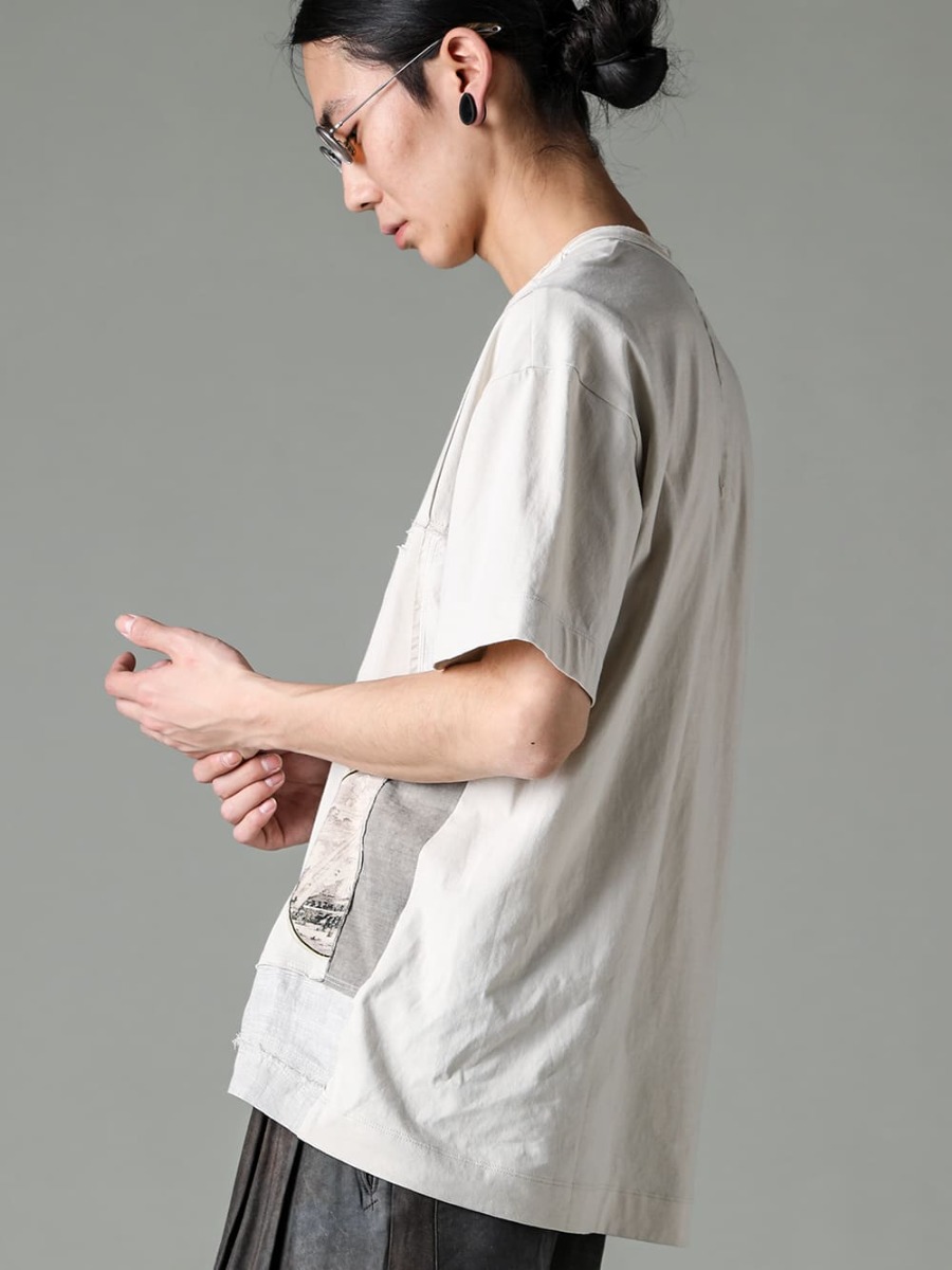 ZIGGY CHEN 23SS Short sleeve T-shirt with eye-catching patchwork  - 0M2310210-Contrast Patchwork T-Shirt - RG1018TI-VINTAGE-SILVER-RG1018TI / VINTAGE SILVER  2-004
