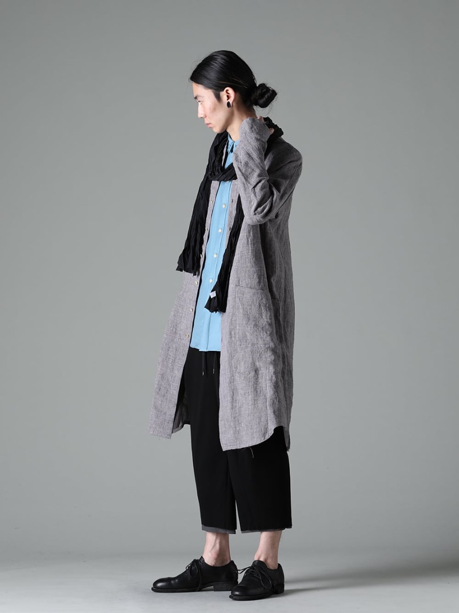 DEVOA 23SS Light styling of linen long shirt coat - SHN-RTHL-Vintage-Blue Long shirt Ramie Vintage-Blue - SHN-ESCR Shirt cotton / silk - PTN-SPCB Baggy cropped pants matte polyester - 992X-Black Classic Derby Shoes Laced Up Single Sole - Horse Full Grain - 992X 1-002