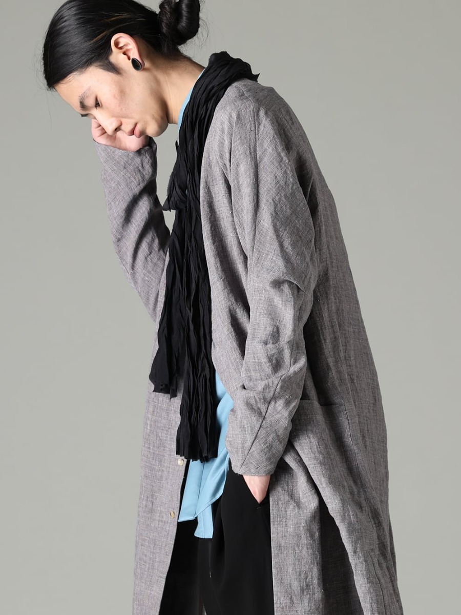 DEVOA 23SS Linen long shirt coat attractiveness: coolness and change over time  - SHN-RTHL-Vintage-Blue Long shirt Ramie Vintage-Blue - SHN-ESCR Shirt cotton / silk 2-002