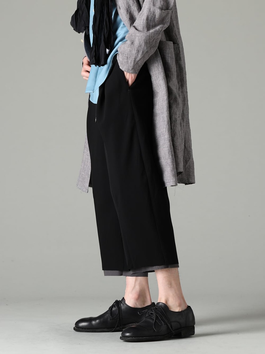 DEVOA 23SS Devoa cropped pants for spring and summer - SHN-RTHL-Vintage-Blue Long shirt Ramie Vintage-Blue - SHN-ESCR Shirt cotton / silk - PTN-SPCB Baggy cropped pants matte polyester - 992X-Black Classic Derby Shoes Laced Up Single Sole - Horse Full Grain - 992X 3-002