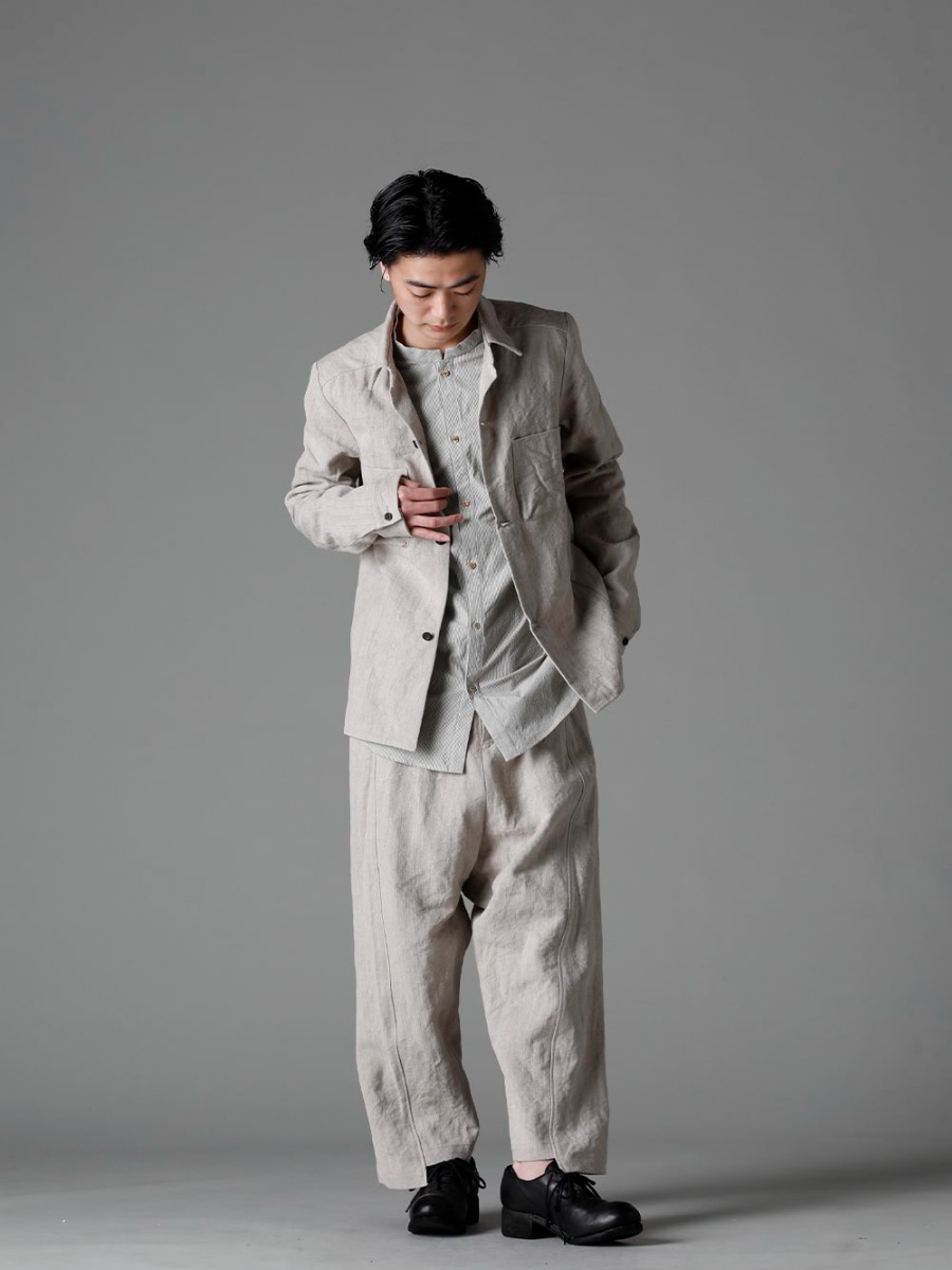 individual sentiments 23SS styling - Set-up style that allows you to enjoy the natural texture and gentle color of the original heavy linen canvas with its bounce and firmness - SH44-LI20 Heavy Canvas Linen Shirt Jacket SH33-LC18-Ecru Pinstripe Cotton Mao Collar L/S Shirt Ecru PA68L-LI20 Heavy Canvas Linen Cropped Pants PL10L-BLKT Orthopedic Derby Shoes Horse Full Grain Leather - PL10L 1-001