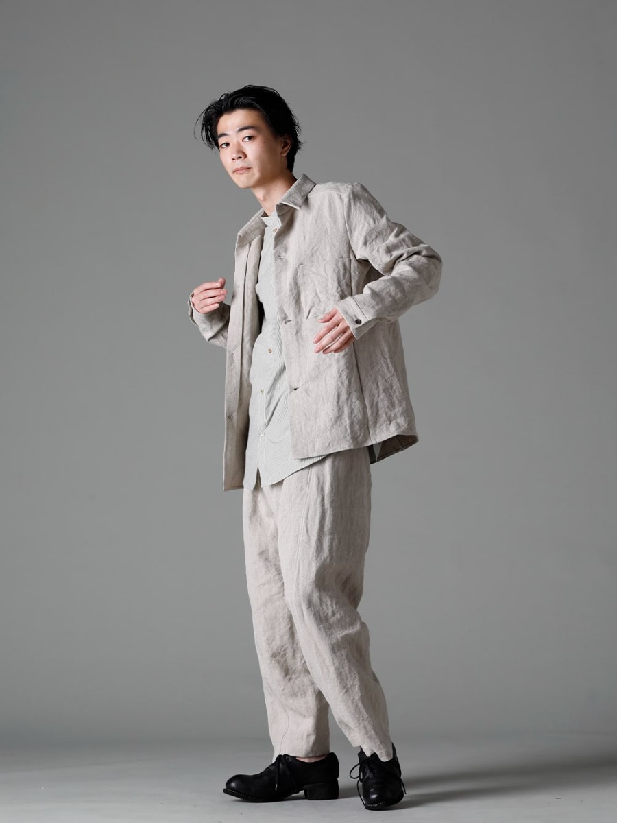 individual sentiments 23SS styling This set-up style allows you to enjoy the natural texture of linen. - SH44-LI20 Heavy Canvas Linen Shirt Jacket SH33-LC18-Ecru Pinstripe Cotton Mao Collar L/S Shirt Ecru PA68L-LI20 Heavy Canvas Linen Cropped Pants PL10L-BLKT Orthopedic Derby Shoes Horse Full Grain Leather - PL10L 1-002