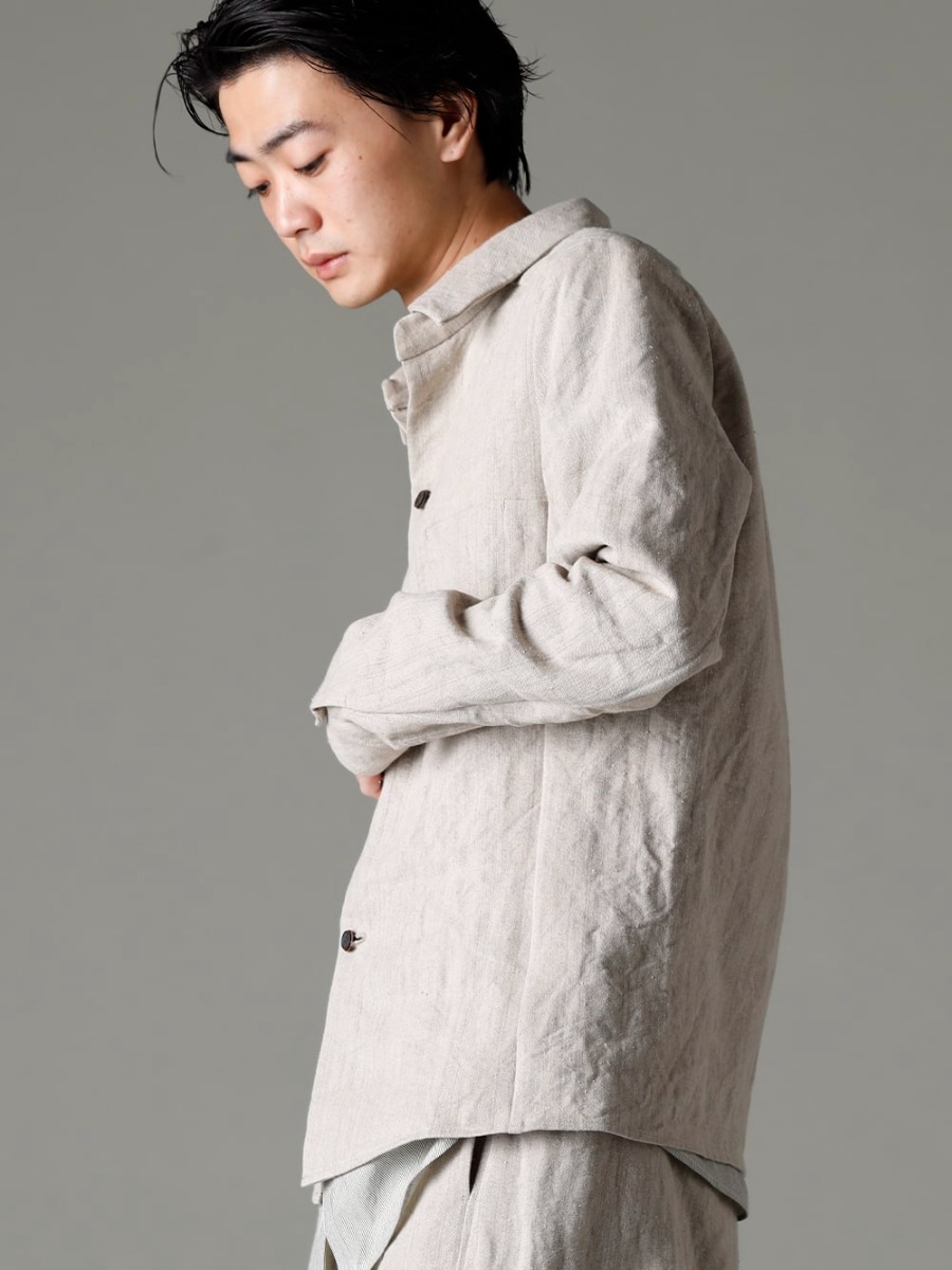 individual sentiments 23SS Individual Sentiments' standard work-style shirt jacket  - SH44-LI20 Heavy Canvas Linen Shirt Jacket SH33-LC18-Ecru Pinstripe Cotton Mao Collar L/S Shirt Ecru 2-002