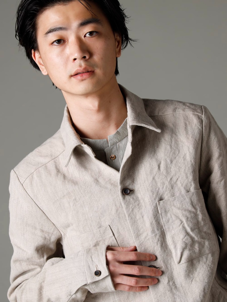 individual sentiments 23SS Individual Sentiments' standard work-style shirt jacket  - SH44-LI20 Heavy Canvas Linen Shirt Jacket SH33-LC18-Ecru Pinstripe Cotton Mao Collar L/S Shirt Ecru 2-003