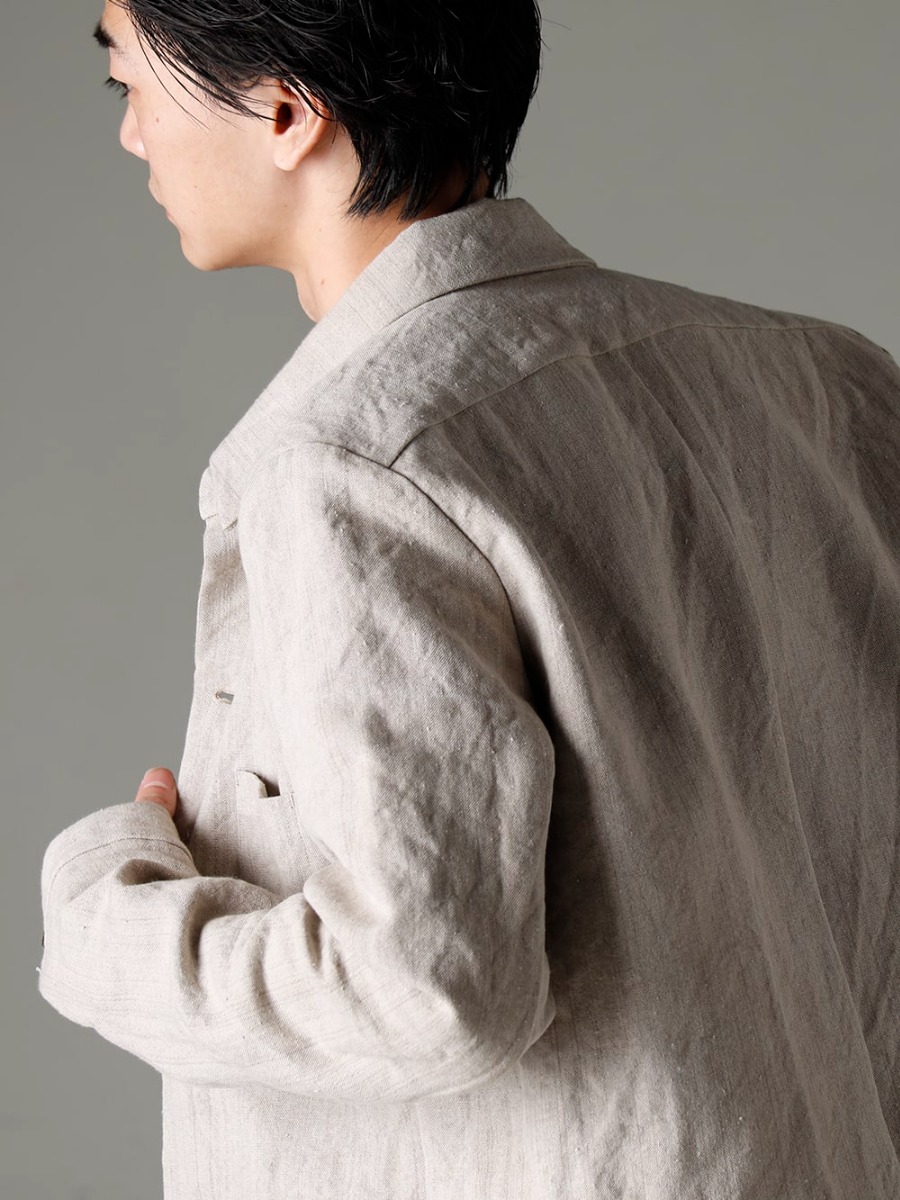 individual sentiments 23SS Individual Sentiments' standard work-style shirt jacket  - SH44-LI20 Heavy Canvas Linen Shirt Jacket SH33-LC18-Ecru Pinstripe Cotton Mao Collar L/S Shirt Ecru 2-004