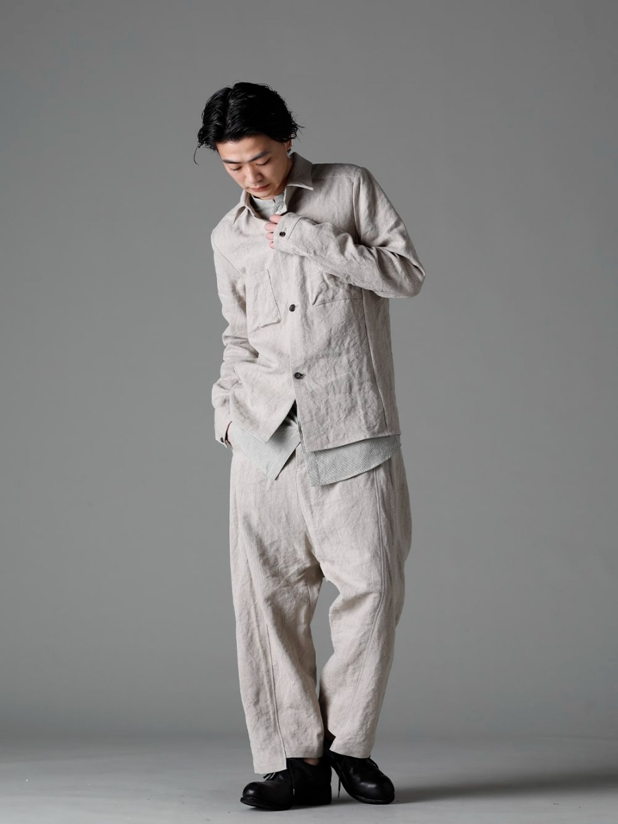 individual sentiments 23SS SH44-LI20 Heavy Canvas Linen Shirt Jacket SH33-LC18-Ecru Pinstripe Cotton Mao Collar L/S Shirt Ecru PA68L-LI20 Heavy Canvas Linen Cropped Pants PL10L-BLKT Orthopedic Derby Shoes Horse Full Grain Leather - PL10L 4-001