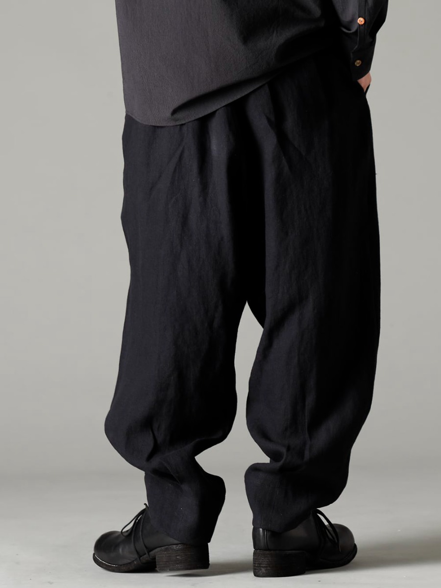 individual sentiments(インディビジュアル センチメンツ) 23SS(春夏) 全体の印象を左右するシルエットバランス - PA85-LI13-Black リネンヘリンボーンハイウエストワイドパンツ ブラック - PL10L-BLKT オーソピーディック ダービーシューズ ホース フルグレイン レザー - PL10L 3-006