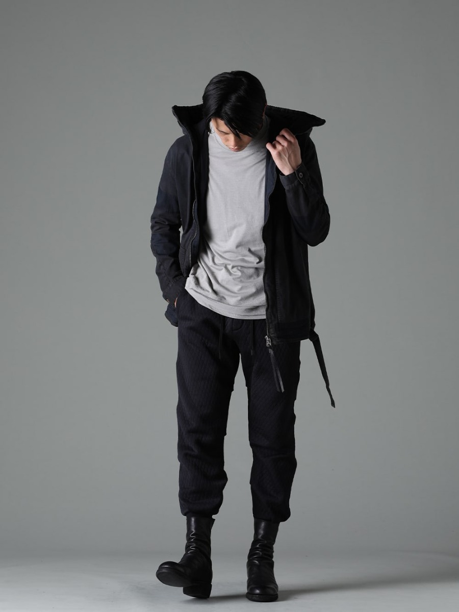 The Viridi-anne(ザ ヴィリジアン) DEVOA(デヴォア) D.HYGEN(ディーハイゲン) GUIDI(グイディ) 23SS(春夏) ST104-0523S-Mud-Indigo-Brown マッド加工8ozライトストレッチデニムフーデッドジャケット マッド インディゴ ブラウン VI-3613-01-Light-Gray ダブルレイヤード Tシャツ ライトグレー PTN-DKCJ ジョガーパンツ キルトコットン / ポリエステル 788Z_H バックジップブーツ ダブルソール - ホース フルグレイン レザー  4-001