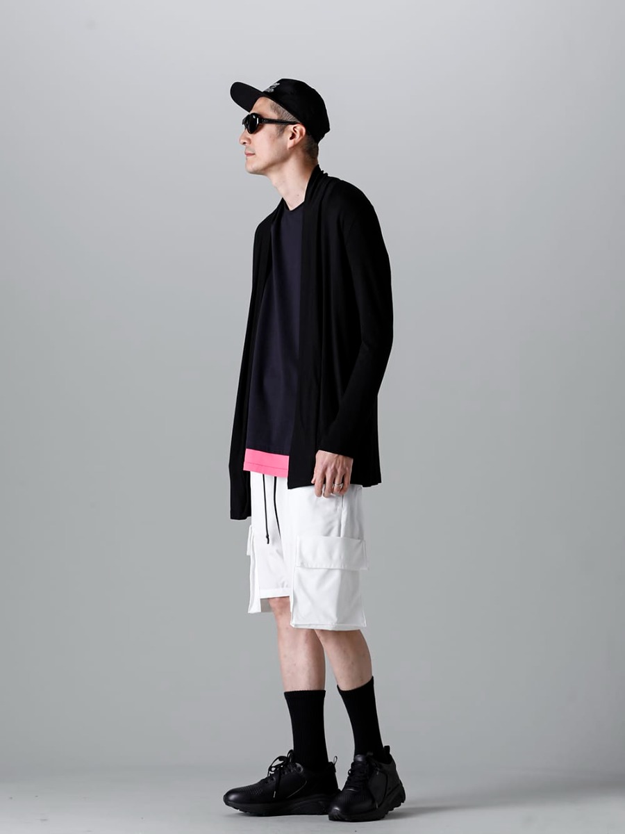 RIPVANWINKLE - リップヴァンウィンクル 2023SS スタイリング サングラスでソリッド感を打ち出したサマースタイル！ - RW-502-Black - ソリッド ジャージー カーデ ブラック - RW-546-D.Navy - レイヤード ドルマンT ダーク ネイビー - RW-538-White - ブッシュショーツ ホワイト - RW-553-Black - アナトリア ブラック - RW-555 - タビ 2P ソックス - SCV186C016 Black - ナイト ラン ライト Black 1-002