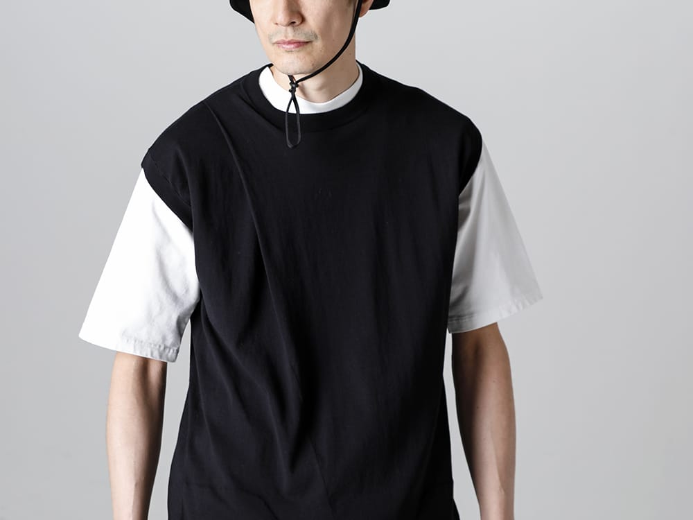 RIPVANWINKLE - リップヴァンウィンクル 2023SS ドロップショルダーTをクロスニットジャージーでレイヤードした着用を提案  - RW-528 - クロス ニットジャージー - RW-548-White - ドロップショルダーT ホワイト - RW-550 - モバイル ポーチ 2-003