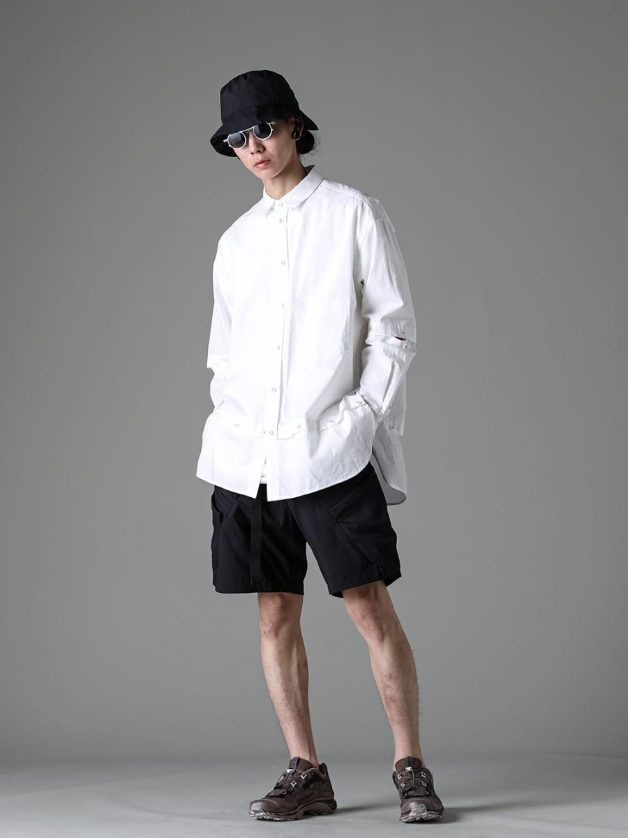 The Viridi-anne - ザ ヴィリディアン 2023SS スタイリング - The Viridi-anne 23SSコレクションの新作のデタッチャブルシャツを中心に、ACRONYM、RIGARDS、11 by Boris Bidjan Saberi、WERKSTATT:MÜNCHENのアイテムで構成したブランドミックスの初夏のリラックススタイル。 長袖シャツ+ショーツのリラックススタイル - VI-3581-02 - デタッチャブル シャツ - SP29-M-Black - Nylon Stretch BDU Short Pant Black - BAMBA5-11XS-Dirty Gray - バンバ5 - 11XS - ダーティグレー - FC3-WS - Field Cover Hat - RG2001TVA-Gold-Silver-D.Gray - リガーズ コラボレーション サングラス 1-001