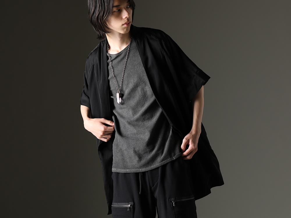 Julius /  D.Hygen / Parts Of Four - Cut sew with an original cold-dye dyed look - 817JAM3(Cupro/Cotton/Linen Satin Short Sleeve Jacket) ST101-0923S-Charcoal(30/-SKU ST101-0923S-Charcoal
30/- Soft Cotton Jersey Cold Dye Belt Adjustable T-Shirt Charcoal) R-198-MA+BAQ(Talisman necklace SPECIMEN Brandberg Amethyst Quartz) - 2-001