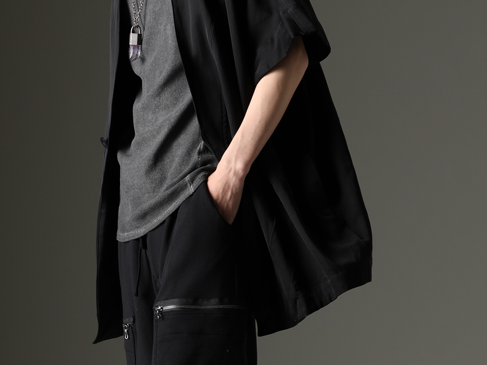 Julius /  D.Hygen / Parts Of Four - Cut sew with an original cold-dye dyed look - 817JAM3(Cupro/Cotton/Linen Satin Short Sleeve Jacket) ST101-0923S-Charcoal(30/-SKU ST101-0923S-Charcoal
30/- Soft Cotton Jersey Cold Dye Belt Adjustable T-Shirt Charcoal) R-198-MA+BAQ(Talisman necklace SPECIMEN Brandberg Amethyst Quartz) - 2-006