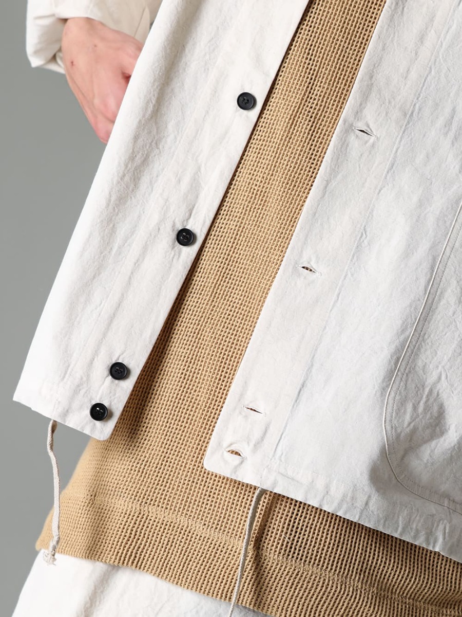 O PROJECT 23SS (Spring-Summer) Coverall that can be worn year-round if worn as an inner layer - O15SRT2-KINARI-Coverall Shirt Kinari Fine Canvas - O15TS1-mesh-YELLOW-BEIGE-SS TEE Cotton Mesh Yellow Beige - O15TT1-YELLOW-BEIGE-Sleeveless Tee Cotton Hemp Je 2-003