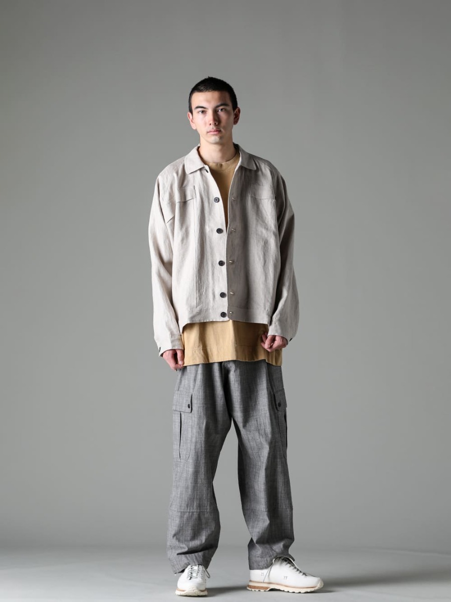  O PROJECT-O Project 23SS (Spring-Summer) Styling - Linen Denim Jacket Spring Jacket Style in Soft Spring Colors - O15JKT1-KINARI-Denim Jacket Kinari Dense Herringbone - O15TS1-YELLOW-BEIGE-SS TEE Cotton Hemp Jersey Yellow Beige - O15TR3-GREY-SUMI-Cargo Trousers Grey Sumi Chambray - Lugged-Runner-FEIT Lugged-Runner 1-001