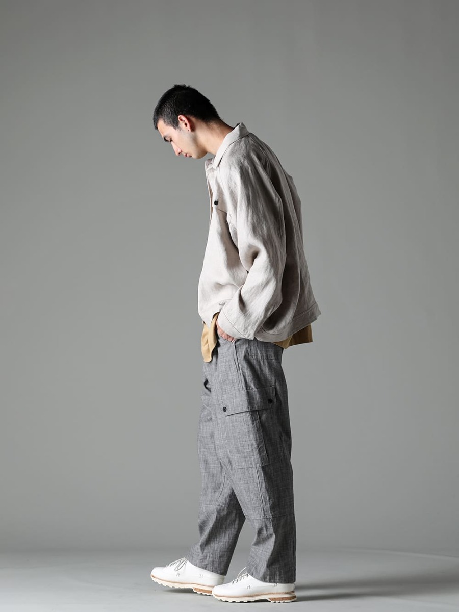 O PROJECT-O Project 23SS (Spring-Summer) Styling Spring Jacket Style in Soft Spring Colors - O15JKT1-KINARI-Denim Jacket Kinari Dense Herringbone - O15TS1-YELLOW-BEIGE-SS TEE Cotton Hemp Jersey YELLOW-BEIGE - O15TR3-GREY-SUMI-Cargo Trousers Grey Sumi Cham 1-002