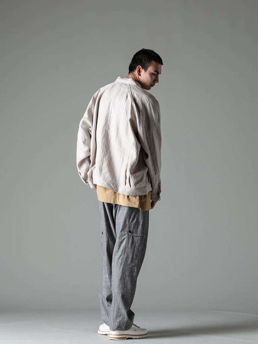 O PROJECT-O Project 23SS (Spring-Summer) Styling Spring Jacket Style in Soft Spring Colors - O15JKT1-KINARI-Denim Jacket Kinari Dense Herringbone - O15TS1-YELLOW-BEIGE-SS TEE Cotton Hemp Jersey YELLOW-BEIGE - O15TR3-GREY-SUMI-Cargo Trousers Grey Sumi Cham 1-003