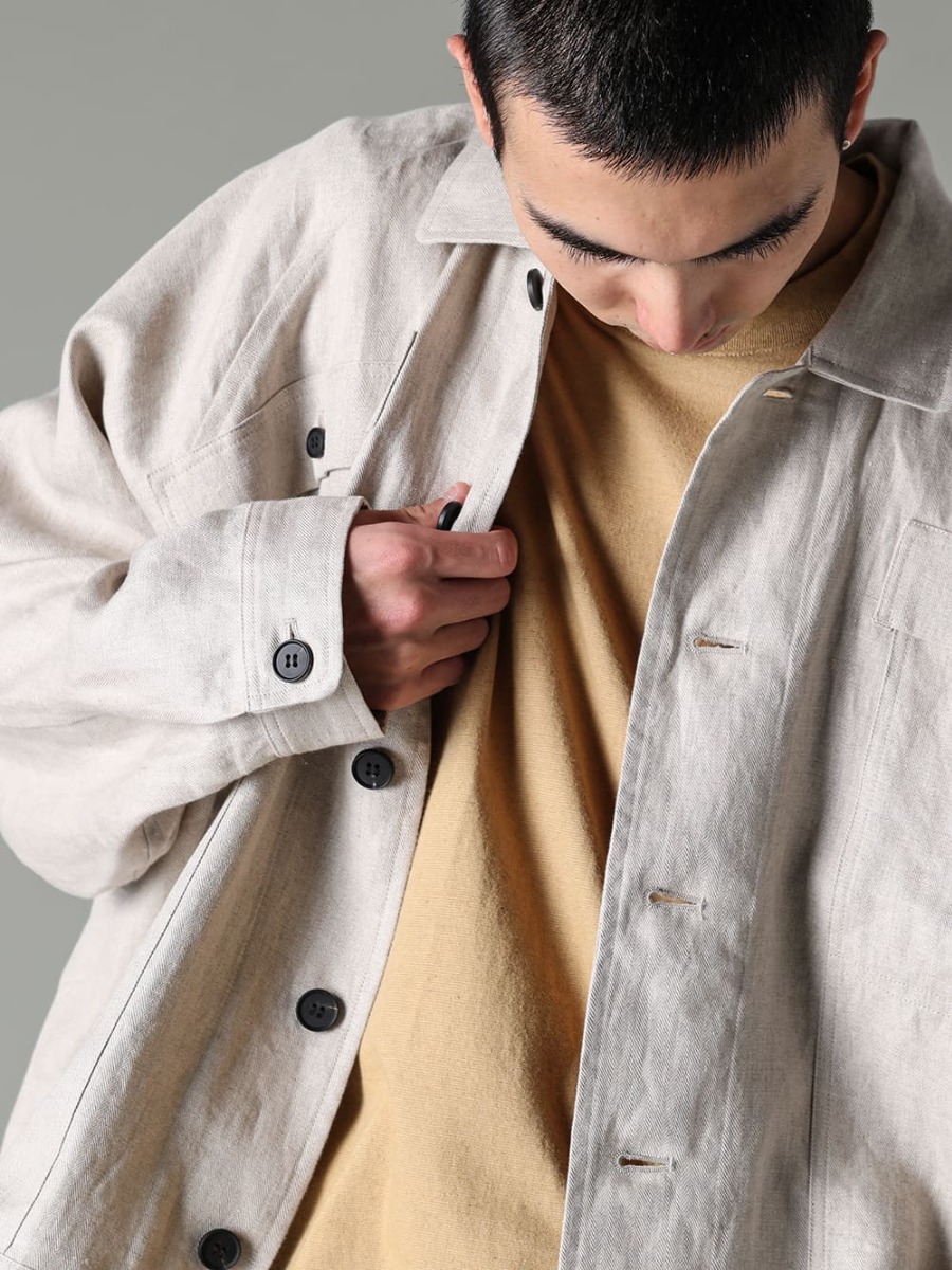 O PROJECT-O PROJECT 23SS(SPRING-SUMMER) LINEN DENIM JACKET FOR THE CURRENT JAPANESE CLIMATE - O15JKT1-KINARI-DENIM JACKET KINARI DENSE HERRINGBONE - O15TS1-YELLOW-BEIGE-SS TEE COTTON HEMP JERSEY YELLOW BEIGE 2-002