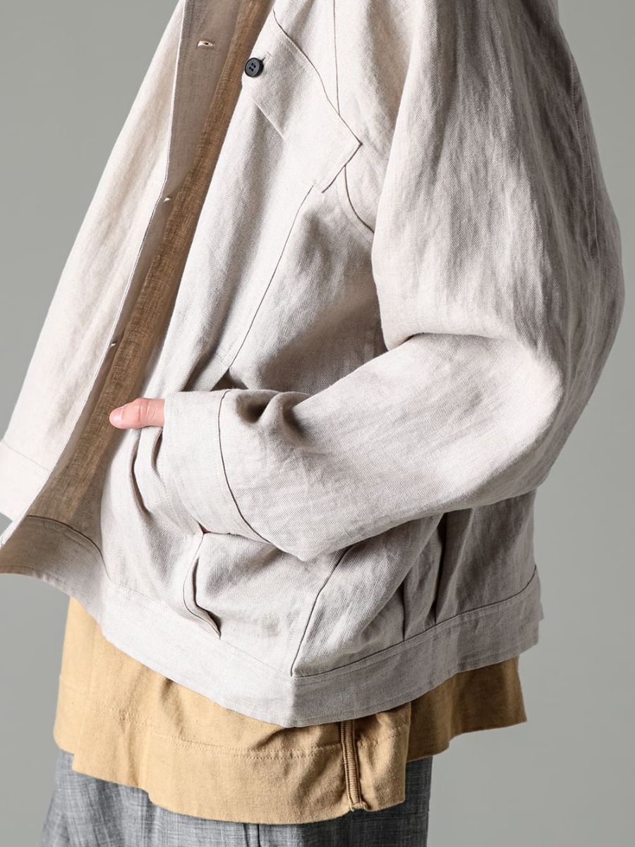 O PROJECT-O PROJECT 23SS(SPRING-SUMMER) LINEN DENIM JACKET FOR THE CURRENT JAPANESE CLIMATE - O15JKT1-KINARI-DENIM JACKET KINARI DENSE HERRINGBONE - O15TS1-YELLOW-BEIGE-SS TEE COTTON HEMP JERSEY YELLOW BEIGE 2-005