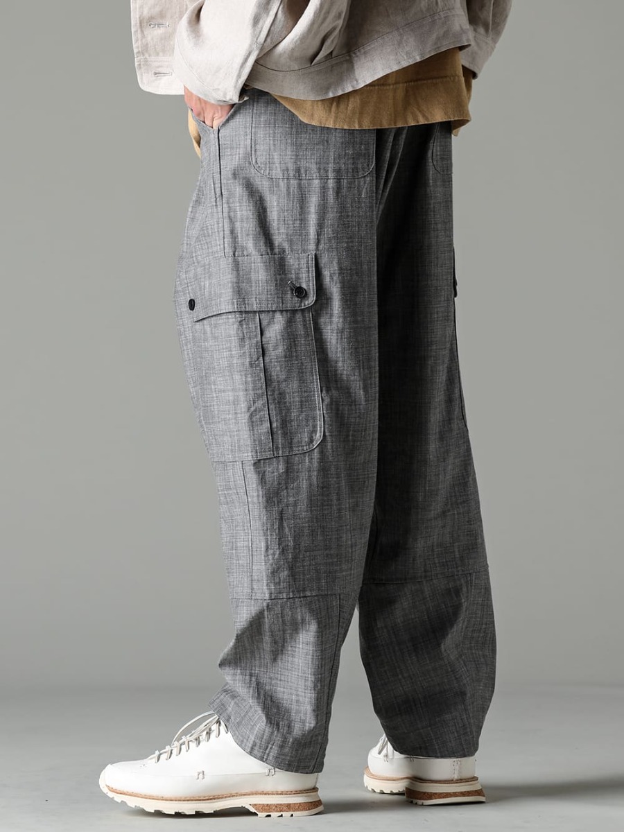 O PROJECT-O Project 23SS (Spring-Summer) Cargo pants using black ink-dyed chambray fabric with an inorganic, cool look - O15TR3-GREY-SUMI-Cargo trousers-Gray Sumi Chambray - Lugged-Runner-FEIT 3-002