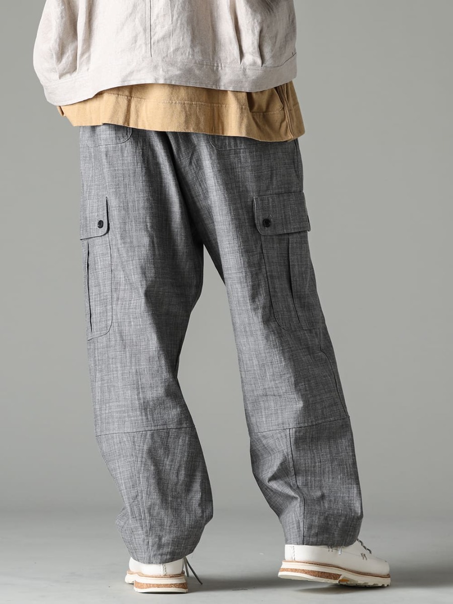 O PROJECT-O Project 23SS (Spring-Summer) Cargo pants using black ink-dyed chambray fabric with an inorganic, cool look - O15TR3-GREY-SUMI-Cargo trousers-Gray Sumi Chambray - Lugged-Runner-FEIT 3-003