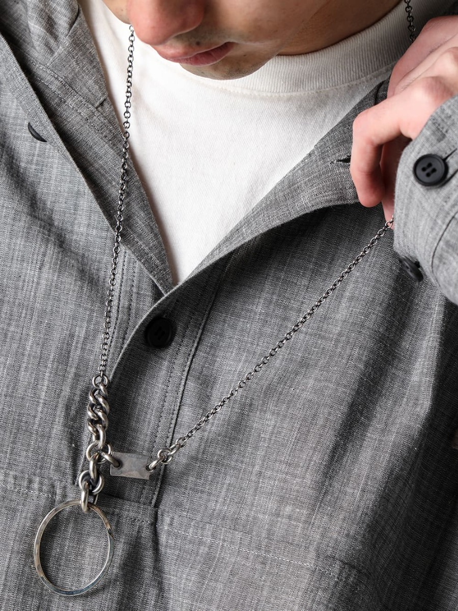 O PROJECT 23SS Coexistence of sharpness and relaxed vibes  - O15JKT2-GREY-SUMI-Hoodie Pullover Jacket Grey Sumi Chambray - O15TS3-KINARI-Long Tee Cotton Hemp Jersey Kinari - M3940-Necklace mix + Key ring 2-002