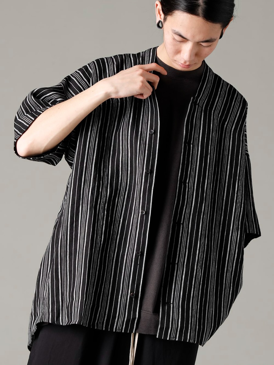 O PROJECT 2023SS Layered Styles Only Possible with Half-Sleeves  - SHIRT#93 SHIRT #93 CONTRAST STRIPE LINEN BATIST - O15TS1-BLACK SS TEE O15TS1-BLACK 2-001