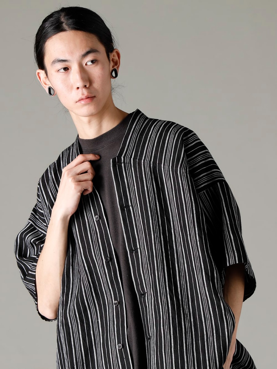 O PROJECT 2023SS Layered Styles Only Possible with Half-Sleeves  - SHIRT#93 SHIRT #93 CONTRAST STRIPE LINEN BATIST - O15TS1-BLACK SS TEE O15TS1-BLACK 2-002