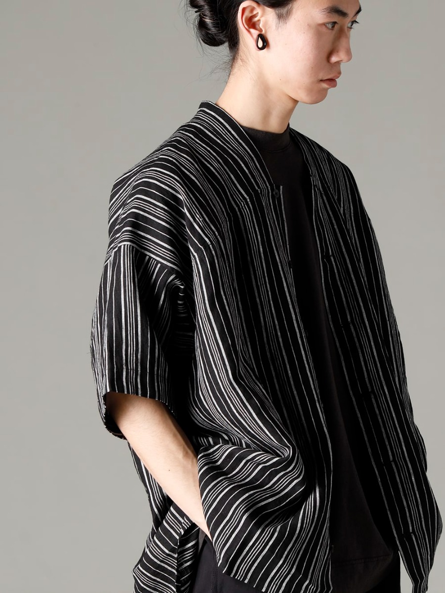 O PROJECT 2023SS Layered Styles Only Possible with Half-Sleeves  - SHIRT#93 SHIRT #93 CONTRAST STRIPE LINEN BATIST - O15TS1-BLACK SS TEE O15TS1-BLACK 2-003