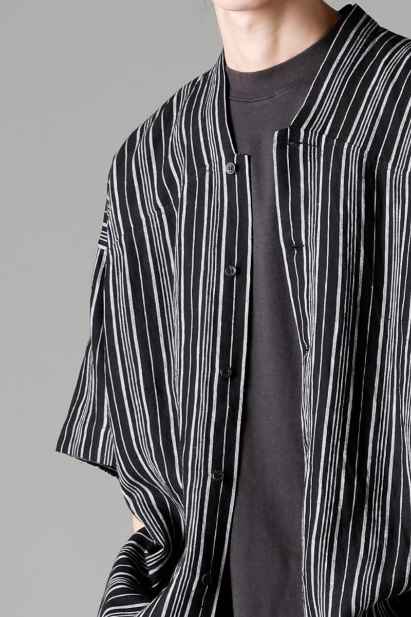 O PROJECT 2023SS Layered Styles Only Possible with Half-Sleeves  - SHIRT#93 SHIRT #93 CONTRAST STRIPE LINEN BATIST - O15TS1-BLACK SS TEE O15TS1-BLACK 2-005