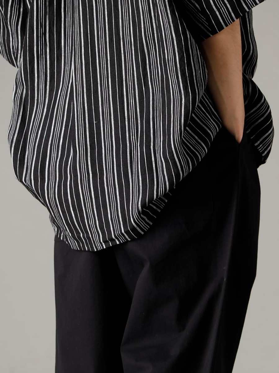 O PROJECT 2023SS Layered Styles Only Possible with Half-Sleeves  - SHIRT#93 SHIRT #93 CONTRAST STRIPE LINEN BATIST - O15TR4-BLACK JOGGING TROUSERS Water-Repellent Dense Cloth BLACK 2-006