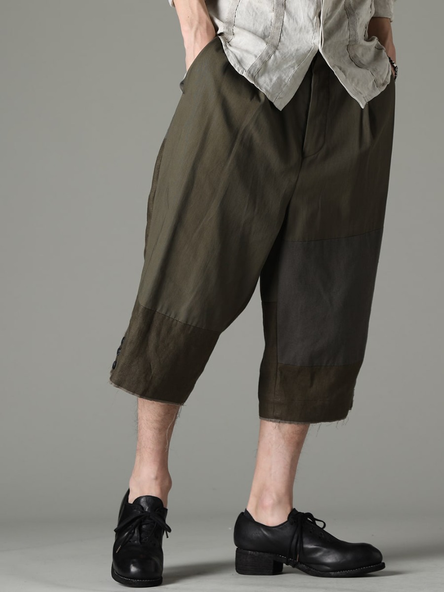 The Viridi-anne GUIDI  23SS Create mature look with dark olive patchwork pants - VI-3569-04-Dark-olive Fragment Cropped Trousers Dark Olive PL10L-BLKT Orthopedic Derby Shoes Horse Full Grain Leather - PL10L 3-001