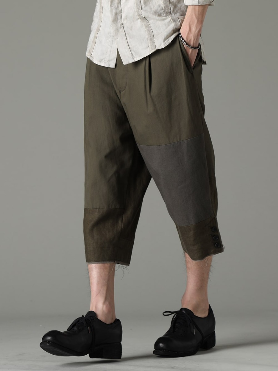 The Viridi-anne GUIDI  23SS Create mature look with dark olive patchwork pants - VI-3569-04-Dark-olive Fragment Cropped Trousers Dark Olive PL10L-BLKT Orthopedic Derby Shoes Horse Full Grain Leather - PL10L 3-002