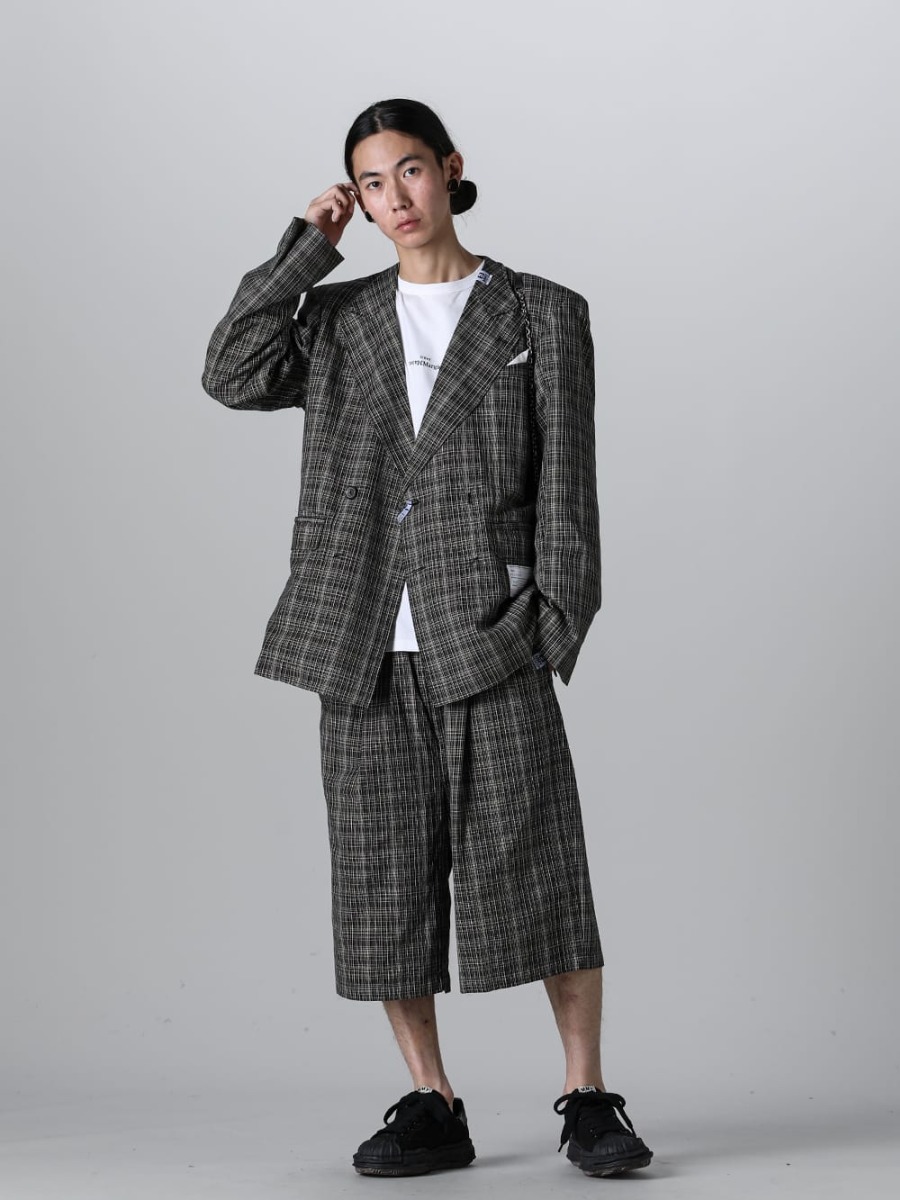 Maison MIHARAYASUHIRO 2023SS - A10JK032 - Wide KASURI Check Blazer - S30GC0701-White-Black-Embroidery - Reversed Logo T-Shirt White / Black Embroidery - A10PT034 - Wrapped-waist KASURI Check Shorts - A08FW735-Black-Black - BLAKEY Original sole canvas Low-Cut sneakers Black / Black - SA3UI0008 - Large Chain Wallet 4-001