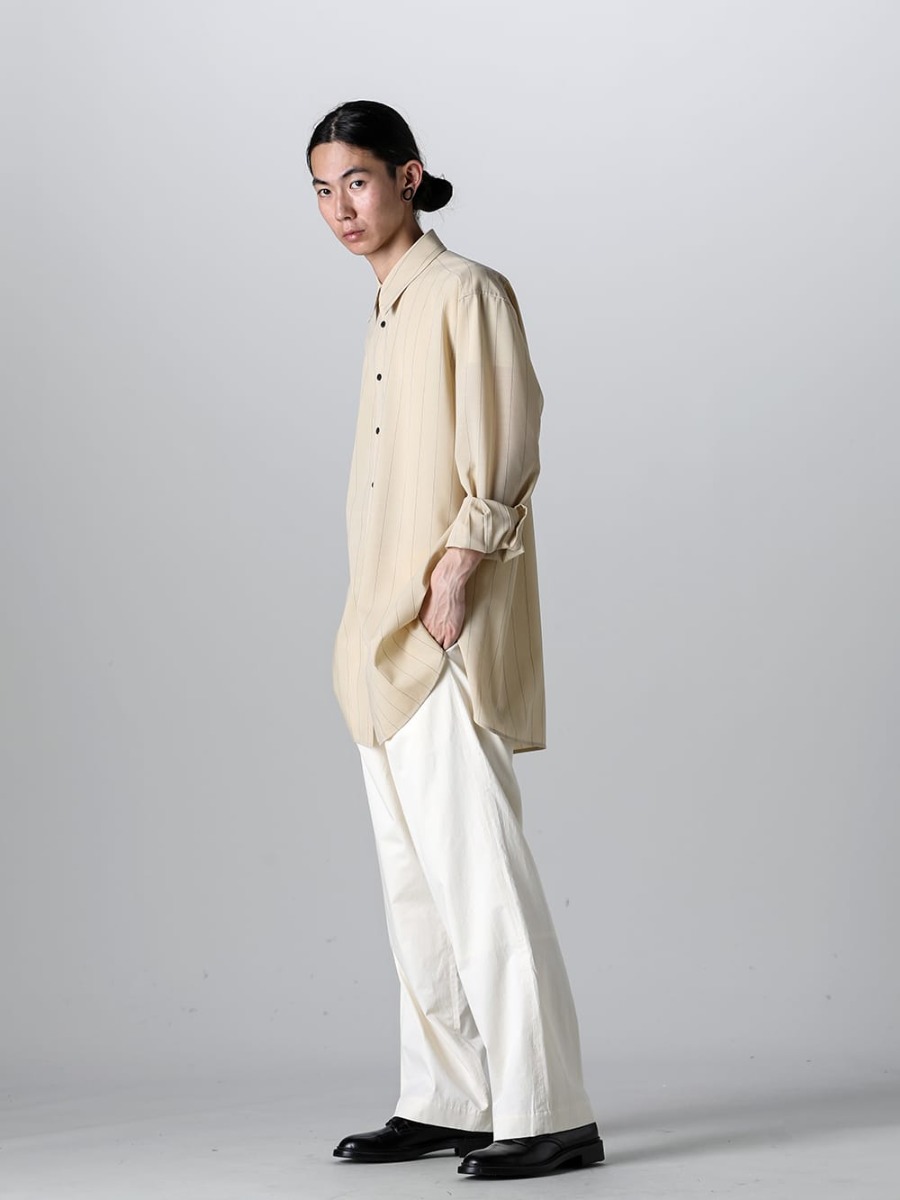 IRENISA 2023SS - IH-23SS-B021-MTS - Middle Length Shirt Beige Stripe - IH-23SS-P022-CSS-Ivory - Semi Flared Relaxed Pants Ivory - IH-22SS-S001-RC - Leather Shoes 4-001