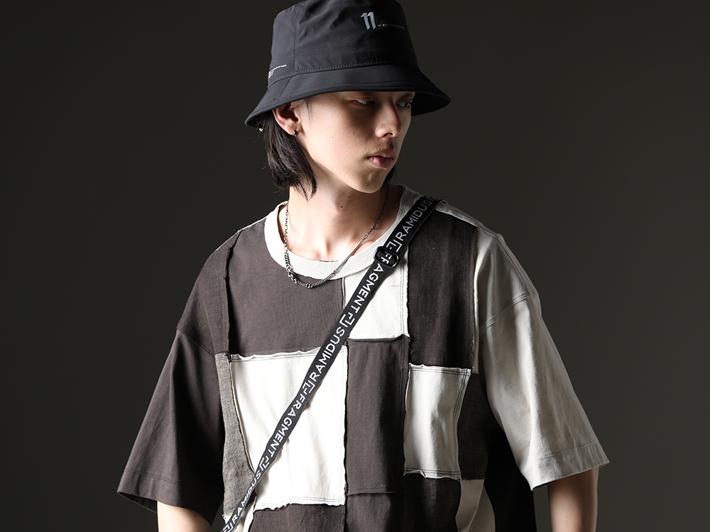 ZIGGY CHEN / 11 by Boris Bidjan Saberi / RAMIDUS / WERKSTATT:MÜNCHEN - Patchwork by different materials with design - 0M2310212(Assymetrical Patchwork T-Shirt) ST-BUCKET-GORE-TEX-11XNE(11 by BBS × New Era - BUCKET GORE-TEX) B008041(RAMIDUS 2WAY POUCH (M)) M3851(Choker Faith Love Hope) - 2-004