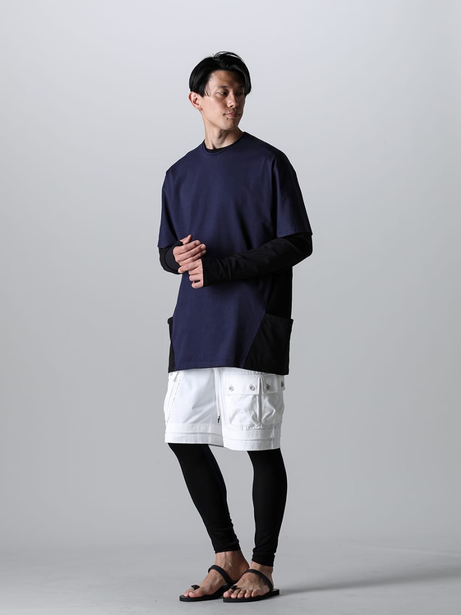 RIPVANWINKLE 2023SS Styling - Bicolor S/S with pockets instead of the standard model. Early Summer Sandal Styling with Layered Trail L/S and Dolman T-Shirt - RW-547-Navy×Black - Dolman T Navy × Black - RW-501-Black - Trail L/S Black - VI-3607-04-Off-White - Jersey Short Pants Off White - RW-518-Black × Navy - Bi Color Leggins Black × Navy - sgf.0001SS23 - natural material sandals. 1-001