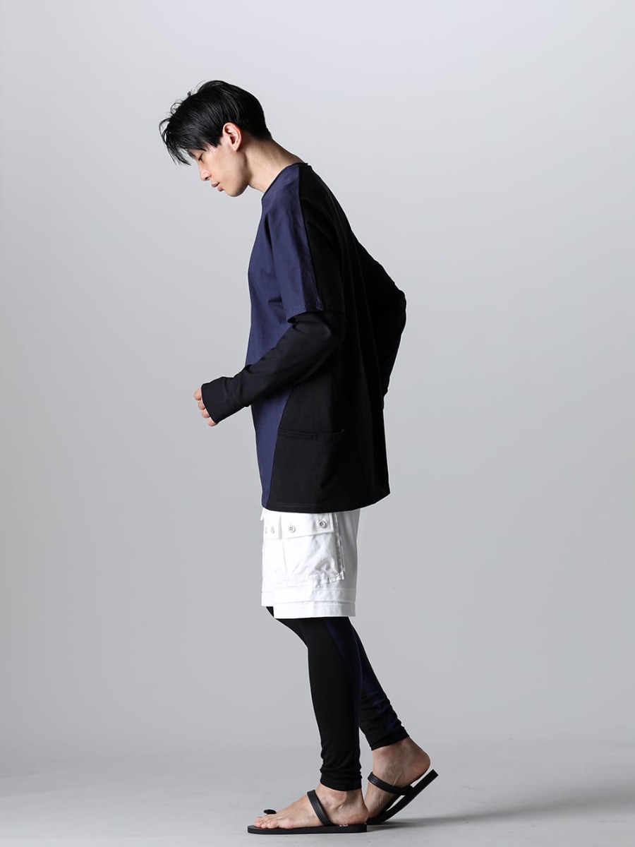 RIPVANWINKLE 2023SS Styling Early Summer Sandal Styling with Layered Trail L/S and Dolman T-Shirt - RW-547-Navy×Black - Dolman T Navy × Black - RW-501-Black - Trail L/S Black - VI-3607-04-Off-White - Jersey Short Pants Off White - RW-518-Black × Navy - Bi Color Leggins Black × Navy - sgf.0001SS23 - natural material sandals. 1-002