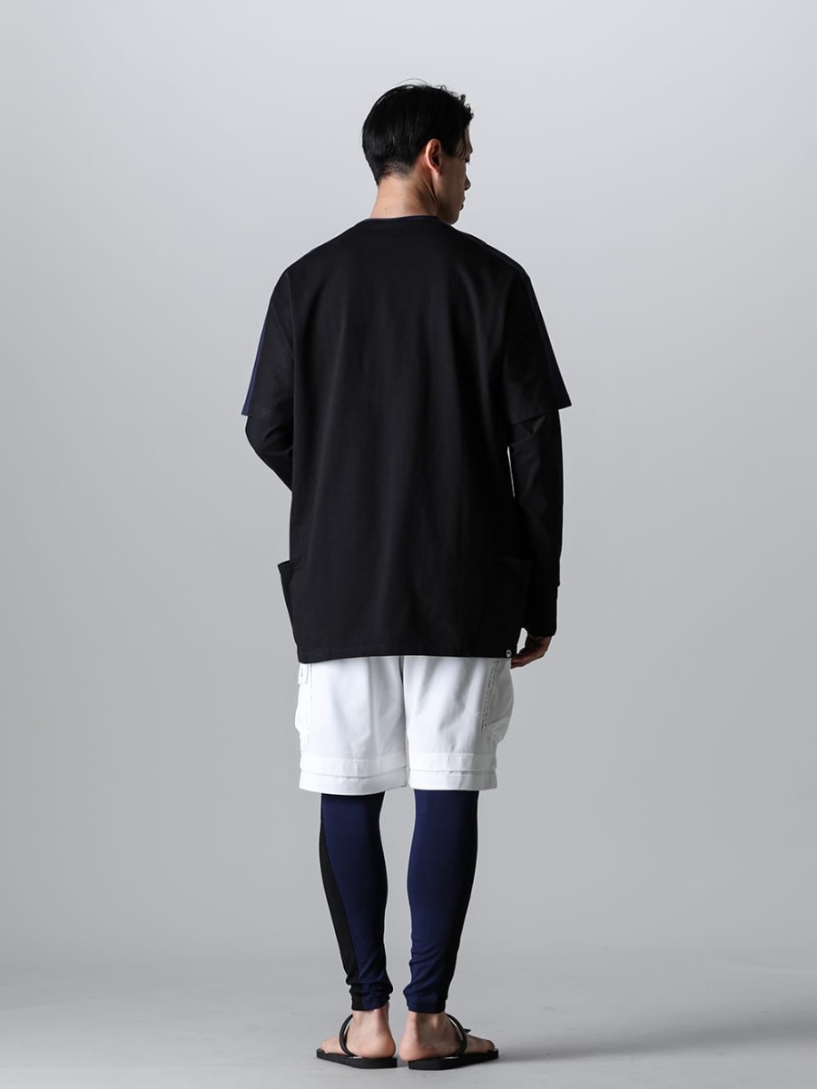 RIPVANWINKLE 2023SS Styling Early Summer Sandal Styling with Layered Trail L/S and Dolman T-Shirt - RW-547-Navy×Black - Dolman T Navy × Black - RW-501-Black - Trail L/S Black - VI-3607-04-Off-White - Jersey Short Pants Off White - RW-518-Black × Navy - Bi Color Leggins Black × Navy - sgf.0001SS23 - natural material sandals. 1-003