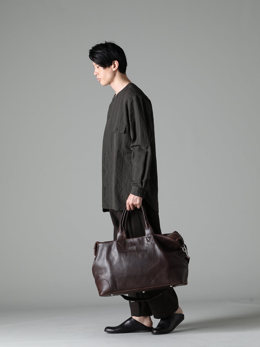 NOUSAN - ノウザン 2023SS アウター感覚のシャツで洗練された大人の印象を演出 - collarless pocket shirt ノーカラー ポケットシャツ - 0M2310501 セルビッジプリーツ ワイドレグトラウザーズ - 81111-5PO04 JAN JAN VAN ESSCHE X PETROSOLAUM バブーシュ - co23sscb030-brown コンボボストン カウミネラル ブラウン 1-002