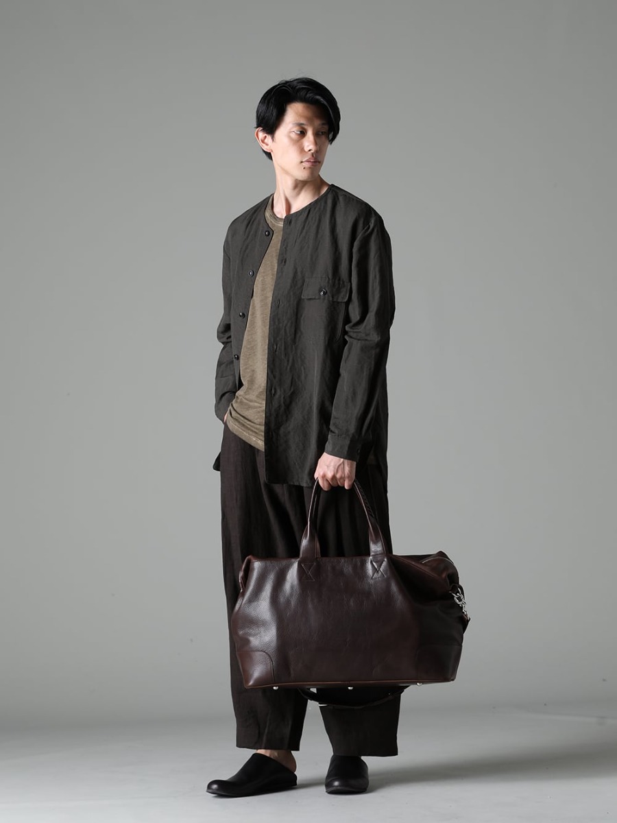 NOUSAN - ノウザン 2023SS アウター感覚のシャツで洗練された大人の印象を演出 - collarless pocket shirt ノーカラー ポケットシャツ - UM1552-Tan ジョセフ トップ タン - 0M2310501 セルビッジプリーツ ワイドレグトラウザーズ - 81111-5PO04 JAN JAN VAN ESSCHE X PETROSOLAUM バブーシュ - co23sscb030-brown コンボボストン カウミネラル ブラウン 1-005