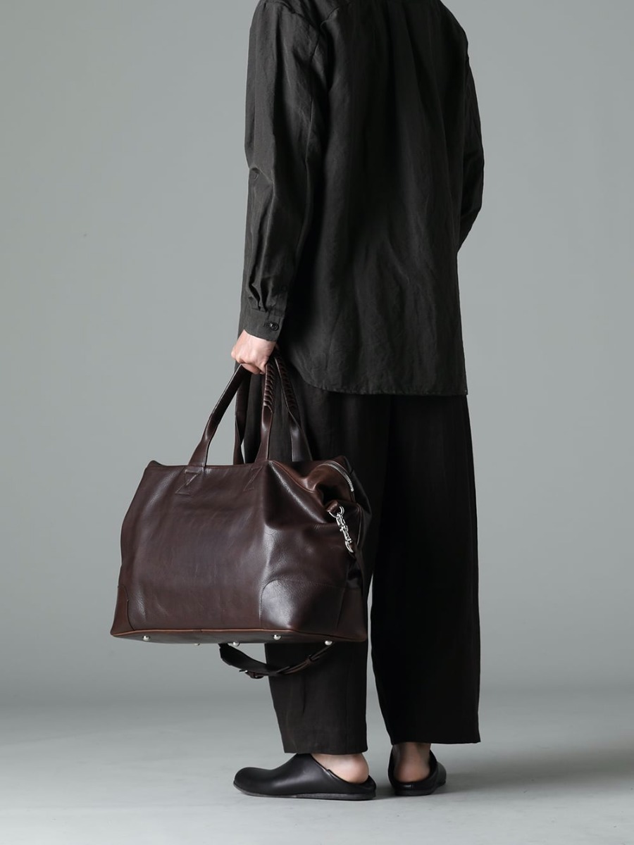 NOUSAN 2023SS Big Size Boston Bag by cornelian taurus with coexisting themes - collarless pocket shirt Collarless Pocket Shirt - 0M2310501 Selvedge Pleated Wide Leg Trousers - 81111-5PO04 JAN JAN VAN ESSCHE X PETROSOLAUM Babouche - co23sscb030-brown Combo Boston Cow Mineral Brown 3-003