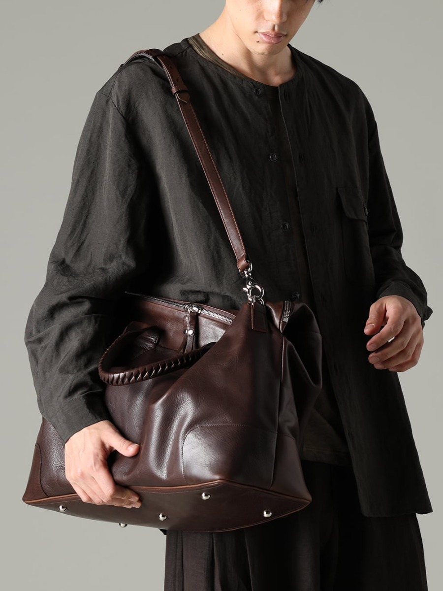 NOUSAN 2023SS Big Size Boston Bag by cornelian taurus with coexisting themes - collarless pocket shirt Collarless Pocket Shirt - 0M2310501 Selvedge Pleated Wide Leg Trousers - co23sscb030-brown Combo Boston Cow Mineral Brown 3-005