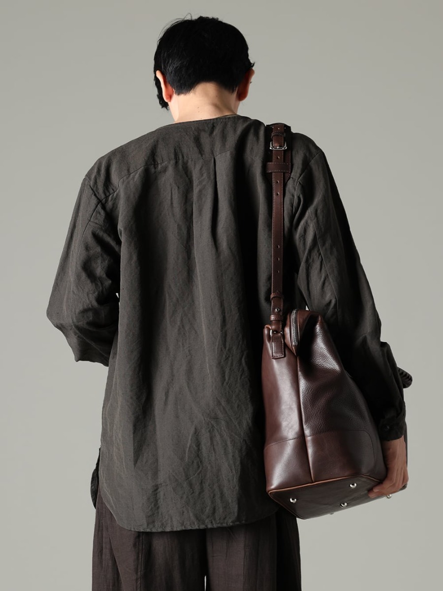 NOUSAN 2023SS Big Size Boston Bag by cornelian taurus with coexisting themes - collarless pocket shirt Collarless Pocket Shirt - co23sscb030-brown Combo Boston Cow Mineral Brown 3-006