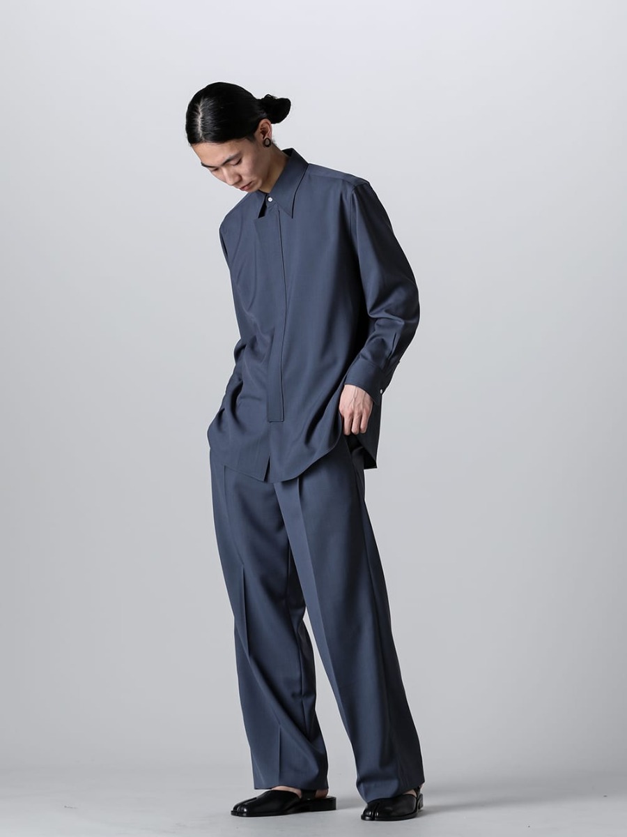 IRENISA - イレニサ 2023SS - IH-23SS-B006-DS - オーナメンタル フライ フロント シャツ （ポリエステルウール） - IH-23SS-P018-DS - ツータックワイドパンツ - S57WP0082 - タビ サンダル 4-001